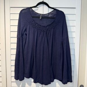 Free People Navy Blue Embroidered Scoop Neck Bell Sleeve Cotton Flow Top L Boho